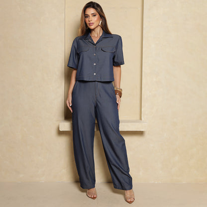 Conjunto Pérola BBonnie Feminino Camisa Cropped e Calça Azul Jeans