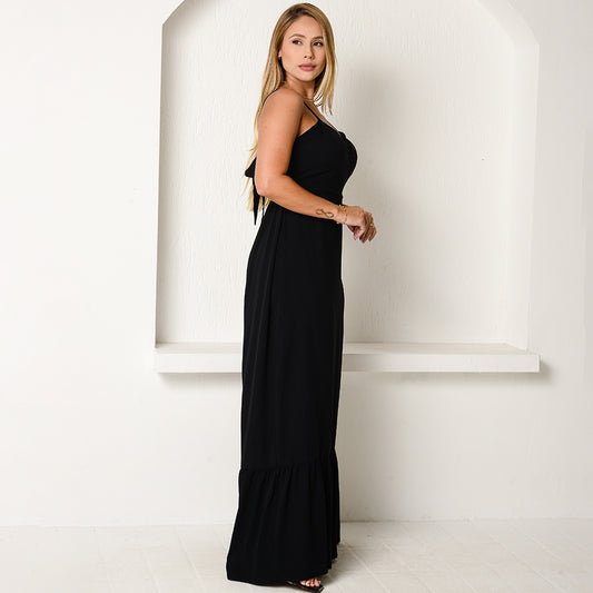 Vestido Longo com Decote nas Costas e Babado  BBonnie Anelise Preto