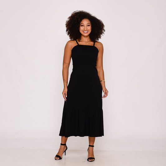 Vestido Midi com Babado na Barra  BBonnie Emanuelly Preto