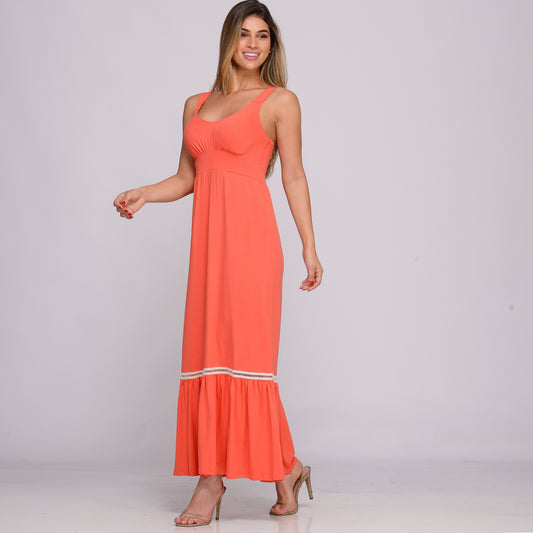 Vestido Longo Alça Barra Guipir com Bojo  BBonnie Sarah Coral