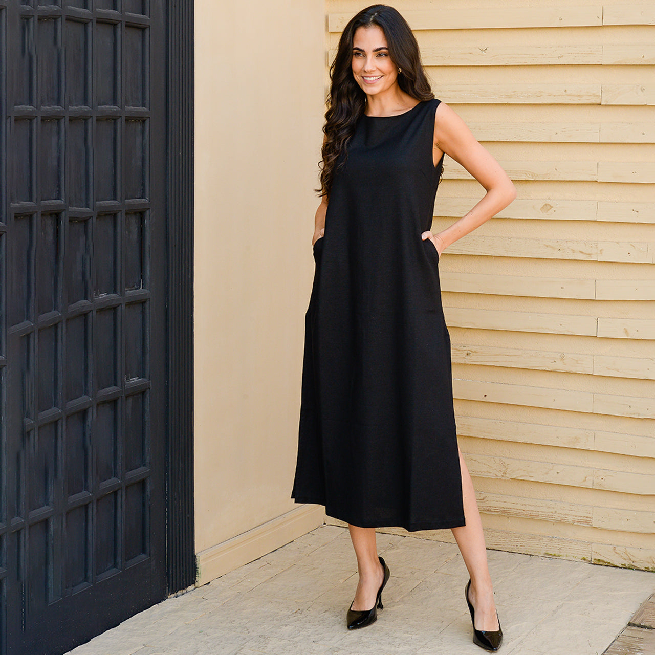 Vestido Midi Alça Larga com Fendas  BBonnie Alice Preto