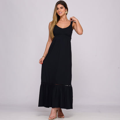 Vestido Longo Alça Barra Guipir com Bojo  BBonnie Sarah Preto