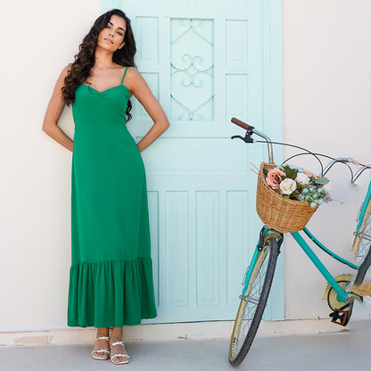 Vestido Longo com Decote nas Costas e Babado  BBonnie Anelise Verde