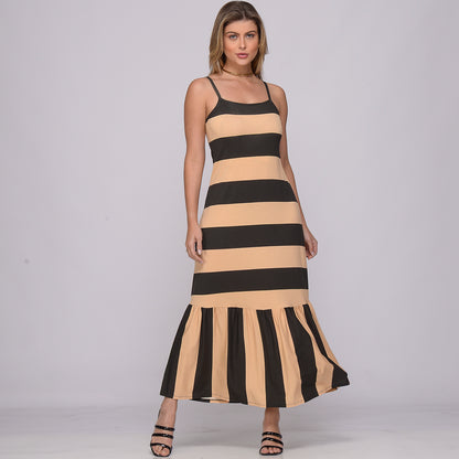 Vestido Longo de Alças Finas e Barra Rodada  BBonnie Muriel Listra Bege