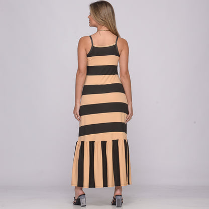 Vestido Longo de Alças Finas e Barra Rodada  BBonnie Muriel Listra Bege