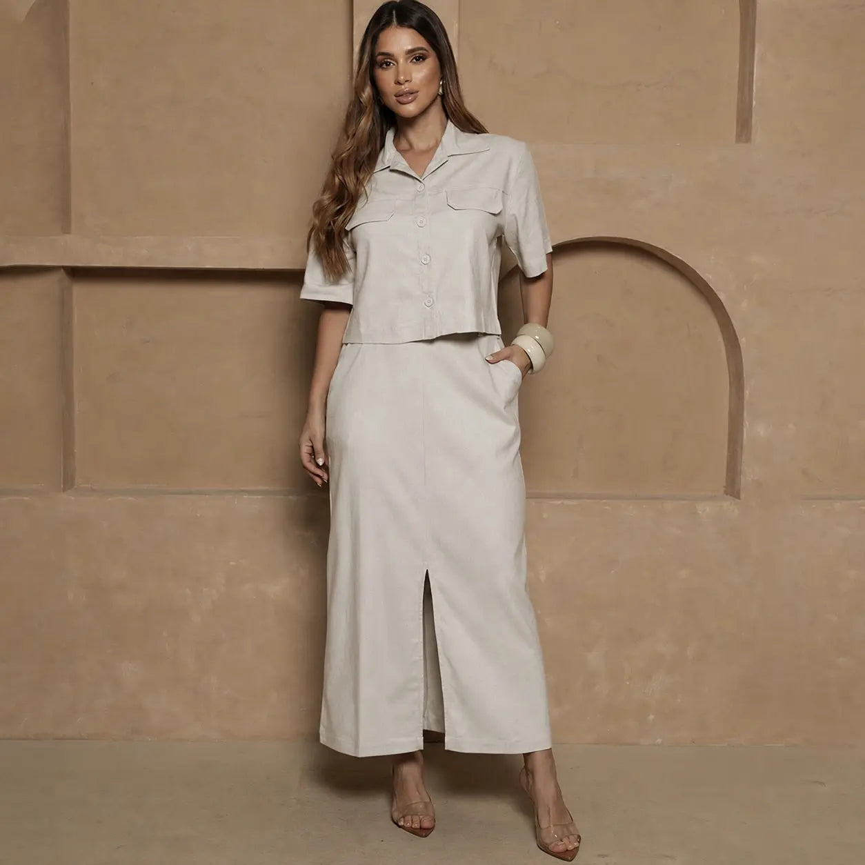 Conjunto Nanda BBonnie Feminino Camisa Cropped e Saia Longa com Linho