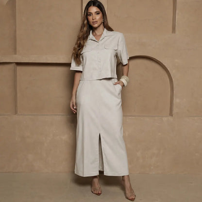 Conjunto Nanda BBonnie Feminino Camisa Cropped e Saia Longa com Linho