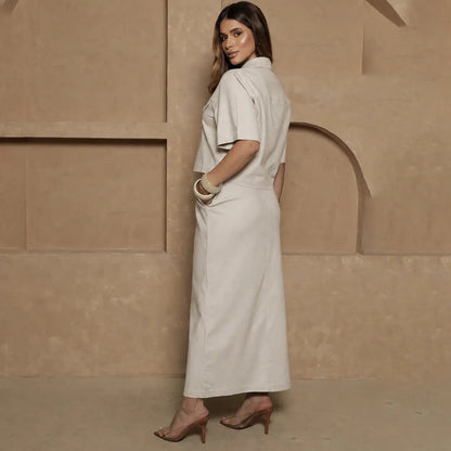 Conjunto Nanda BBonnie Feminino Camisa Cropped e Saia Longa com Linho