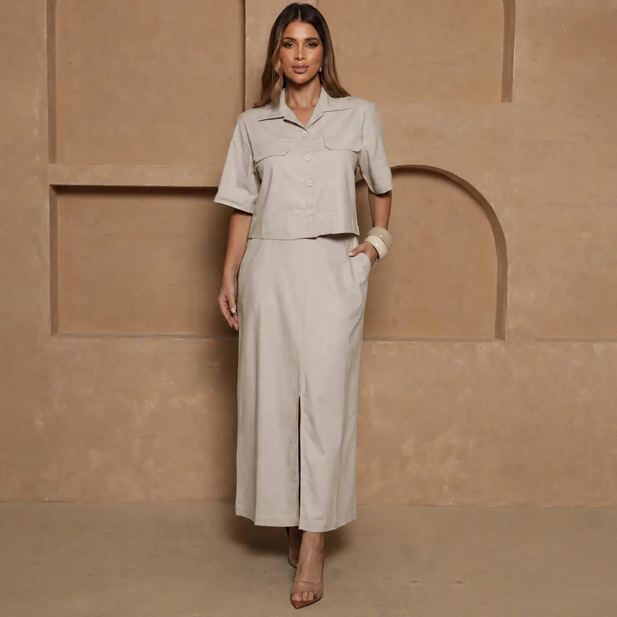 Conjunto Nanda BBonnie Feminino Camisa Cropped e Saia Longa com Linho
