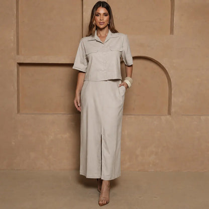 Conjunto Nanda BBonnie Feminino Camisa Cropped e Saia Longa com Linho