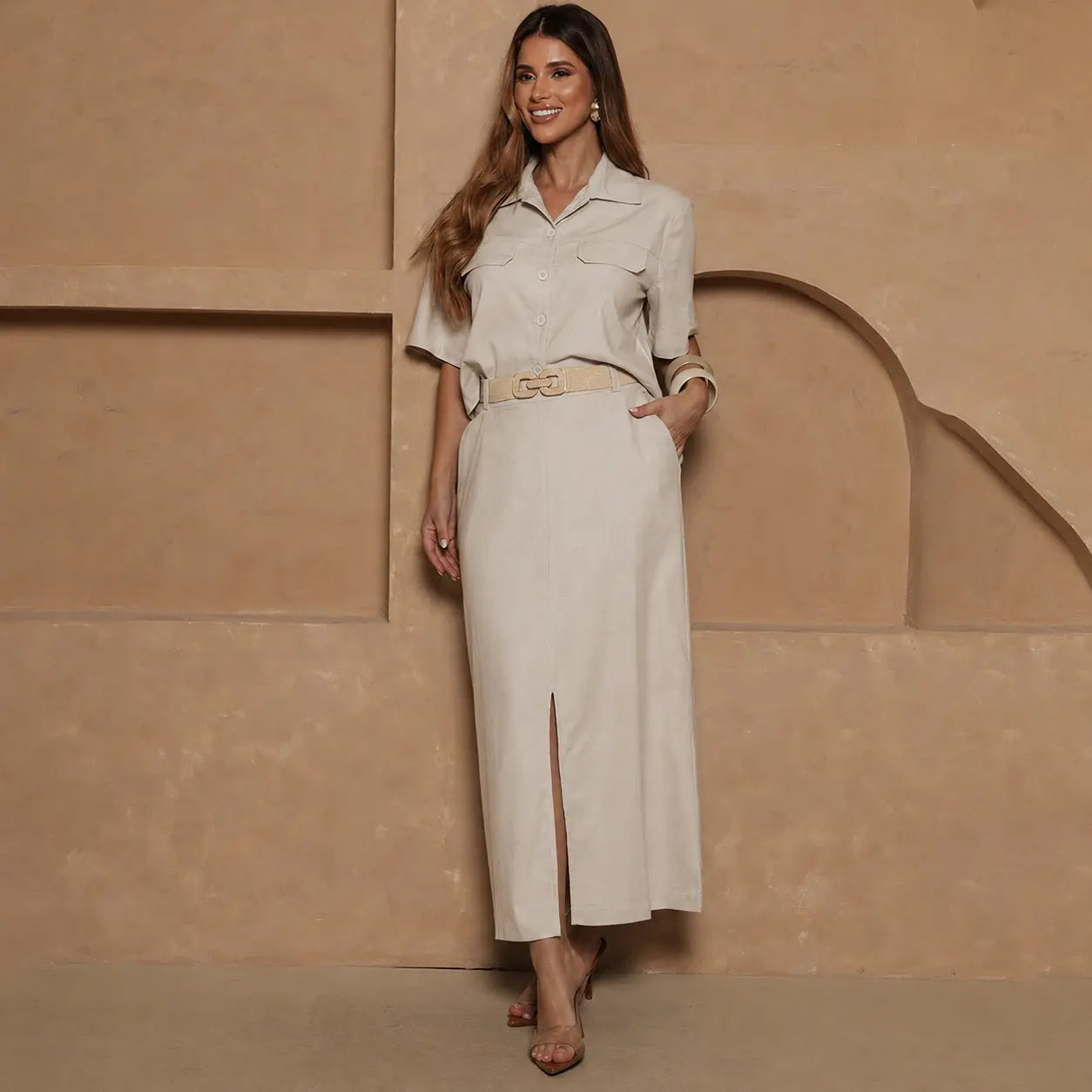 Conjunto Nanda BBonnie Feminino Camisa Cropped e Saia Longa com Linho
