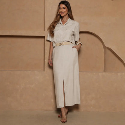 Conjunto Nanda BBonnie Feminino Camisa Cropped e Saia Longa com Linho