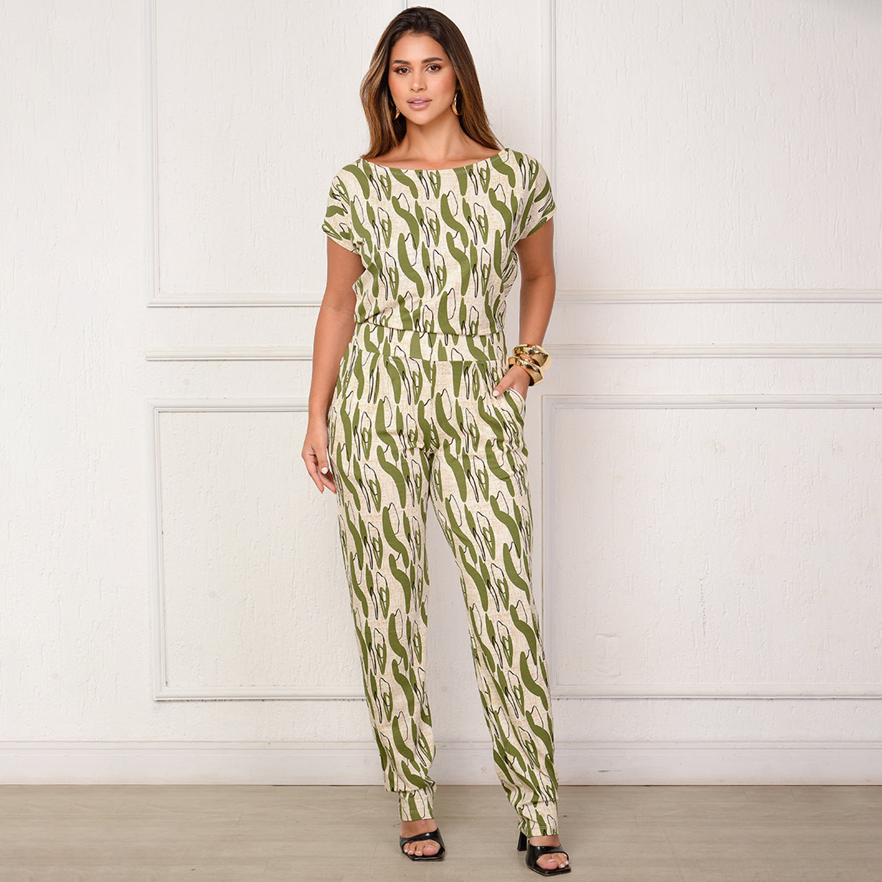 Macacão Longo M/C Decote Canoa  BBonnie Mel Estampados