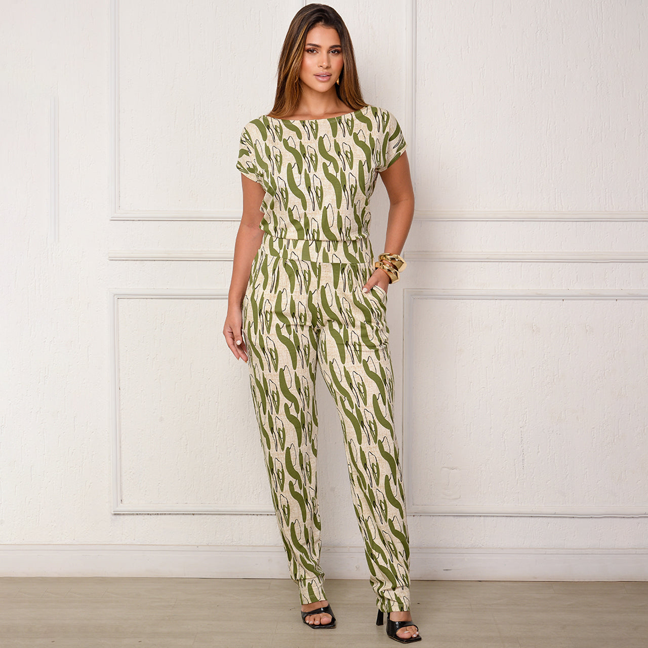 Macacão Longo M/C Decote Canoa  BBonnie Mel Estampados