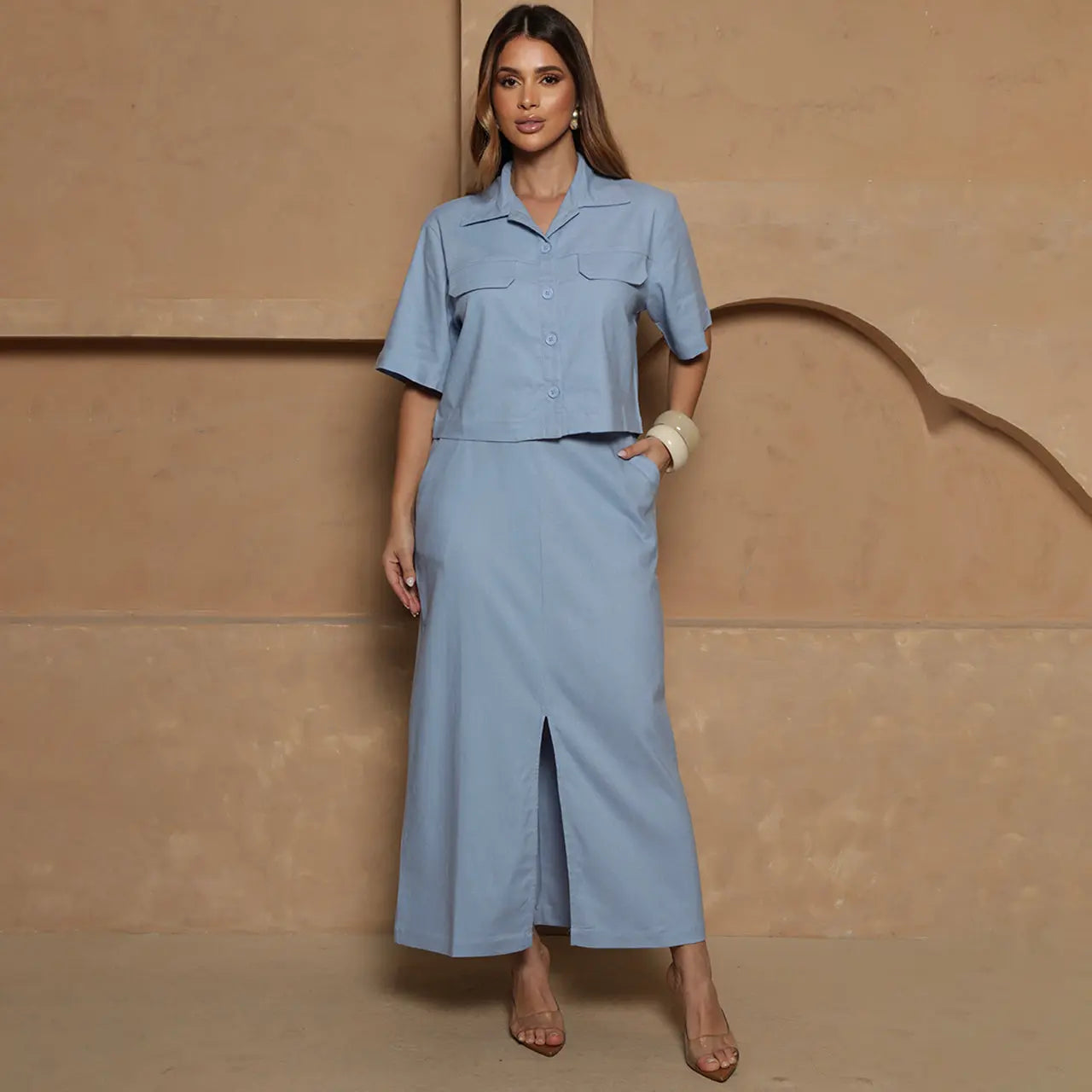 Conjunto Nanda BBonnie Feminino Camisa Cropped e Saia Longa com Linho