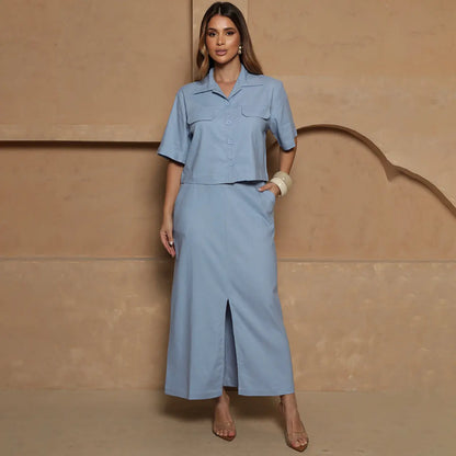 Conjunto Nanda BBonnie Feminino Camisa Cropped e Saia Longa com Linho