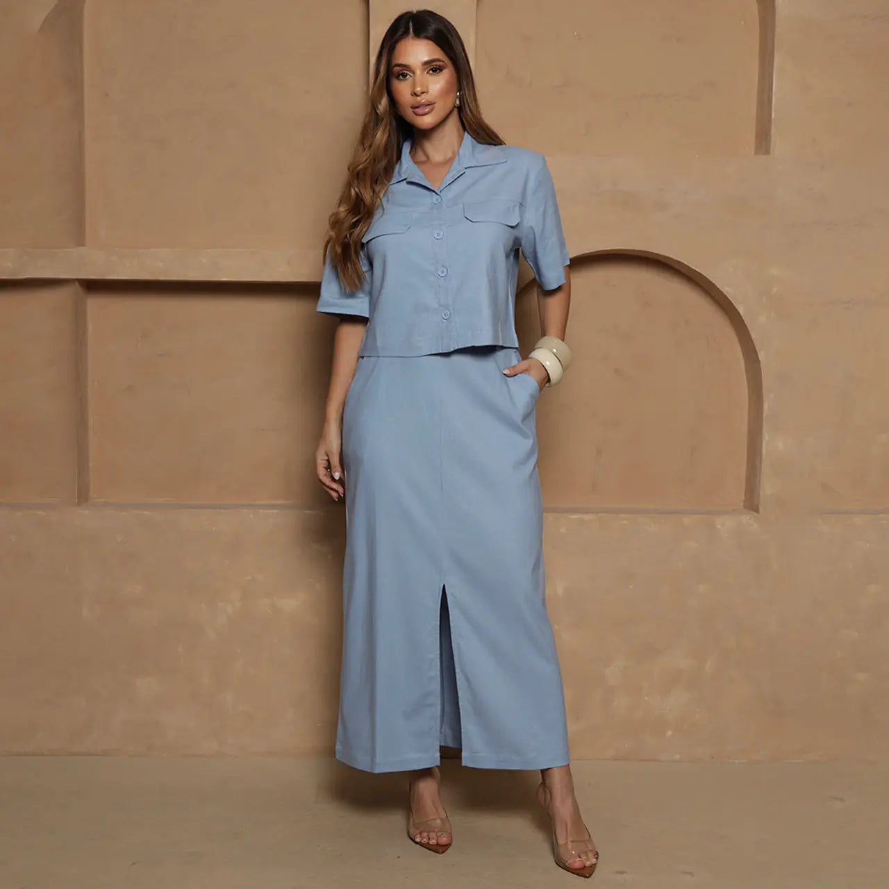 Conjunto Nanda BBonnie Feminino Camisa Cropped e Saia Longa com Linho