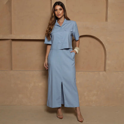 Conjunto Nanda BBonnie Feminino Camisa Cropped e Saia Longa com Linho