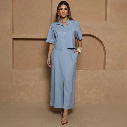Conjunto Nanda BBonnie Feminino Camisa Cropped e Saia Longa com Linho