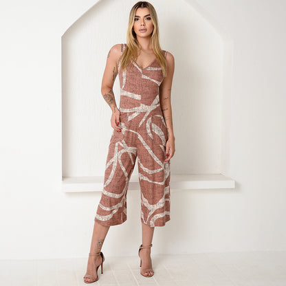 Macacão Pantacourt de Alças e Bolsos  BBonnie Carla Estampado Marrom
