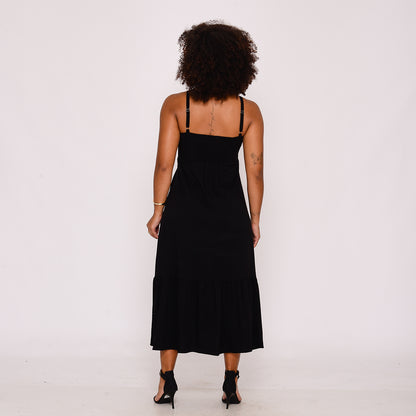Vestido Midi com Babado na Barra  BBonnie Emanuelly Preto