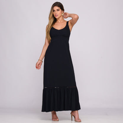 Vestido Longo Alça Barra Guipir com Bojo  BBonnie Sarah Preto