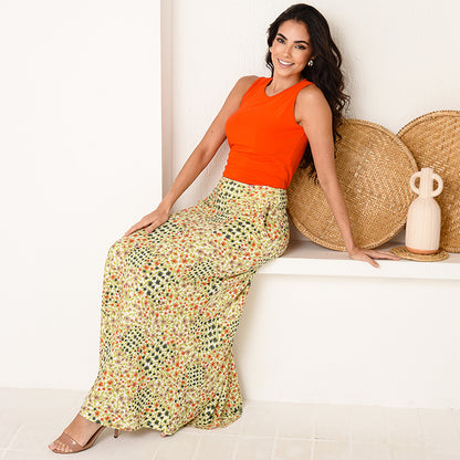 Saia Longa Assimétrica Com Bolsos BBonnie Úrsula Floral Laranja