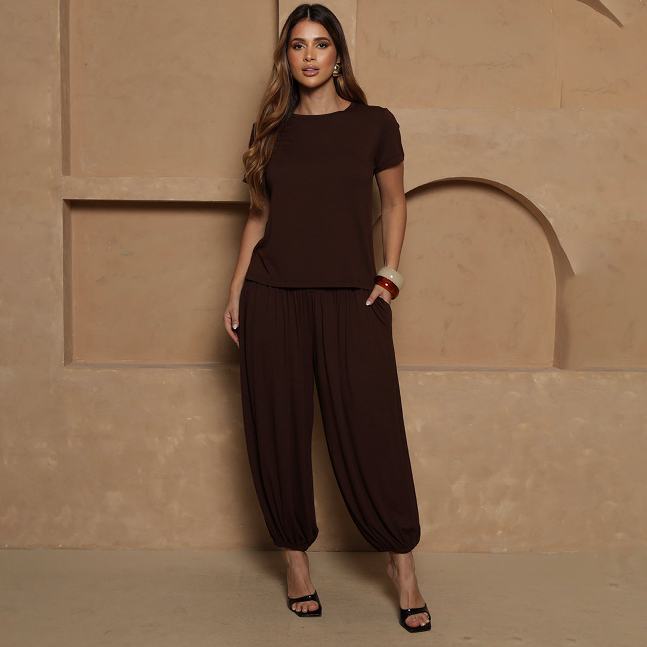 Conjunto Jasmine BBonnie – Blusa e Calça Aladim Marrom B'Bonnie
