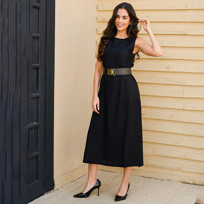 Vestido Midi Alça Larga com Fendas  BBonnie Alice Preto