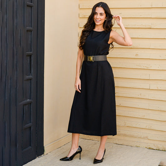 Vestido Midi Alça Larga com Fendas  BBonnie Alice Preto