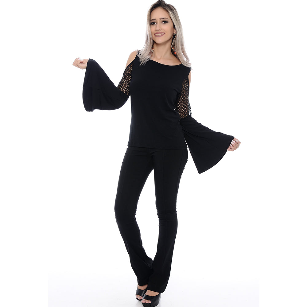 Blusa M/L Flare Ombro Vazado BBonnie Talita Preta