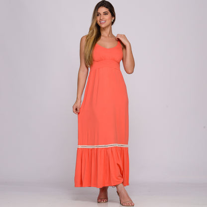 Vestido Longo Alça Barra Guipir com Bojo  BBonnie Sarah Coral