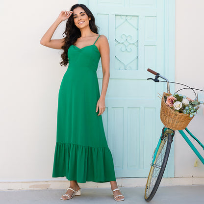 Vestido Longo com Decote nas Costas e Babado  BBonnie Anelise Verde