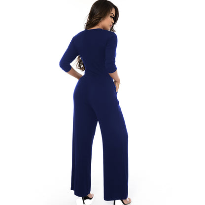Macacão Pantalona Decote Transpassado BBonnie Florence Azul Marinho