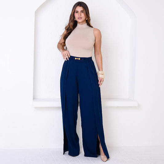 Calça Pantalona com Fenda na Frente BBonnie Paola Azul Marinho
