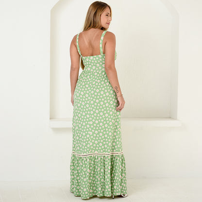 Vestido Longo Alça Barra Guipir com Bojo  BBonnie Sarah Floral Verde