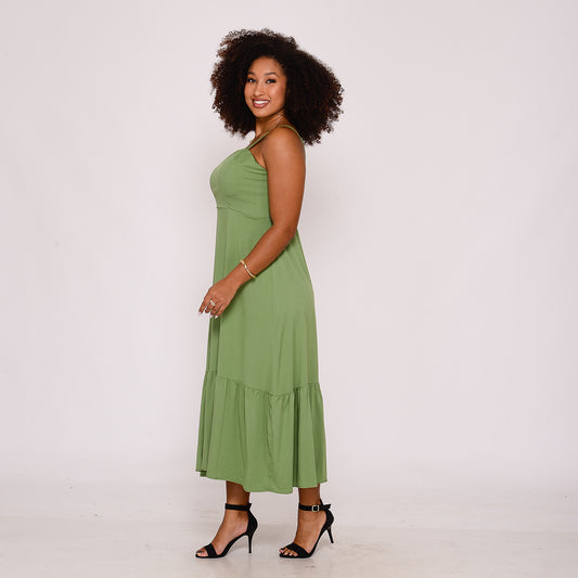 Vestido Midi com Babado na Barra  BBonnie Emanuelly Pistache