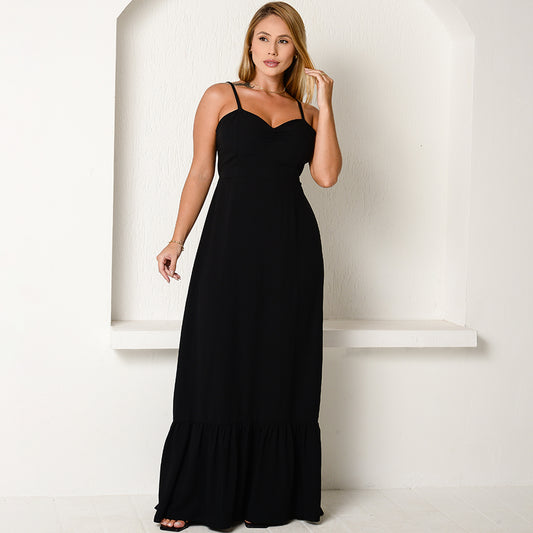 Vestido Longo com Decote nas Costas e Babado  BBonnie Anelise Preto