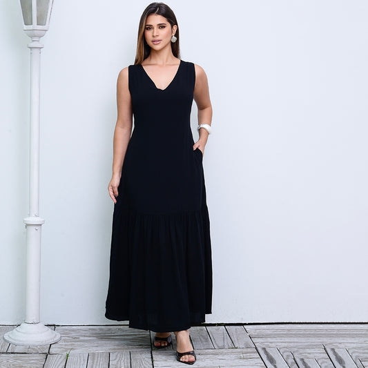 Vestido Longo com Barra Franzida BBonnie Isabelly Preto