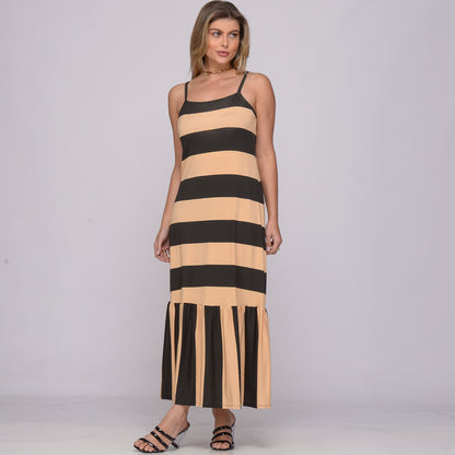 Vestido Longo de Alças Finas e Barra Rodada  BBonnie Muriel Listra Bege