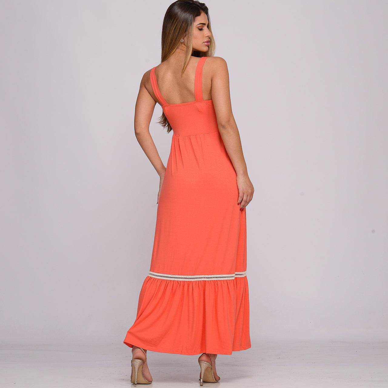 Vestido Longo Alça Barra Guipir com Bojo  BBonnie Sarah Coral