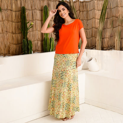 Saia Longa Assimétrica Com Bolsos BBonnie Úrsula Floral Laranja