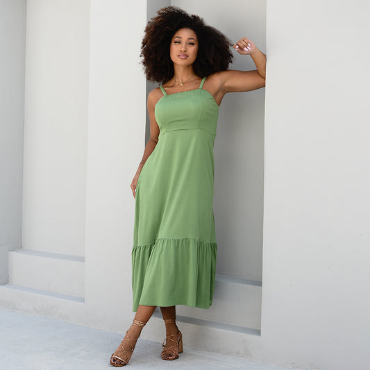 Vestido Midi com Babado na Barra  BBonnie Emanuelly Pistache