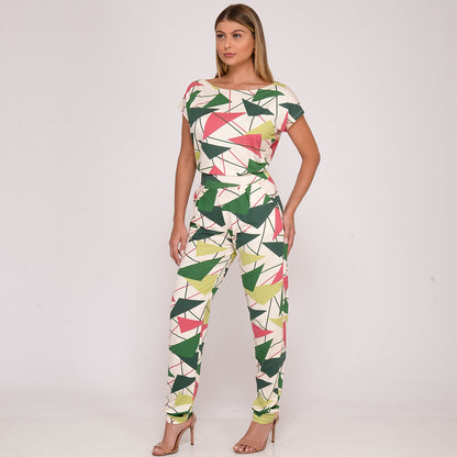 Macacão Longo M/C Decote Canoa  BBonnie Mel Geo Verde