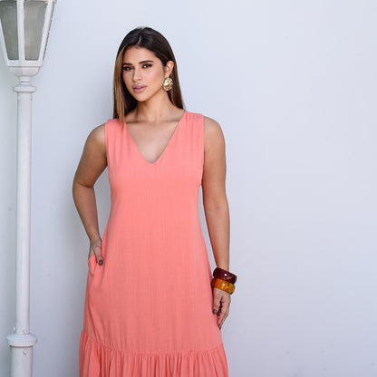 Vestido Longo com Barra Franzida BBonnie Isabelly Coral