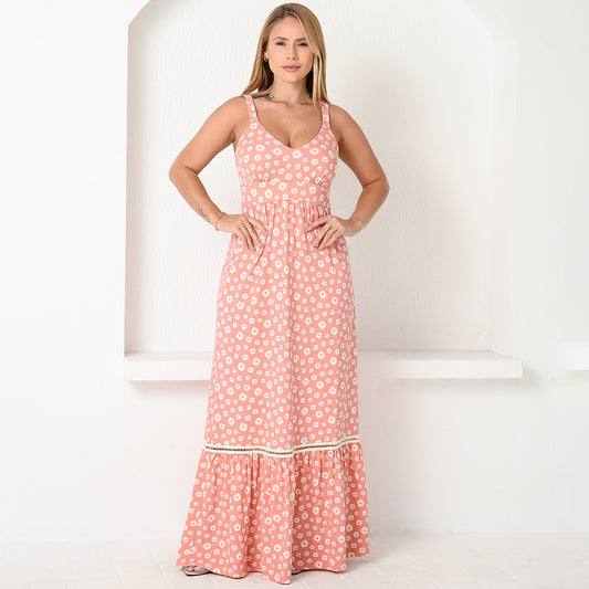 Vestido Longo Alça Barra Guipir com Bojo  BBonnie Sarah Floral Rosa