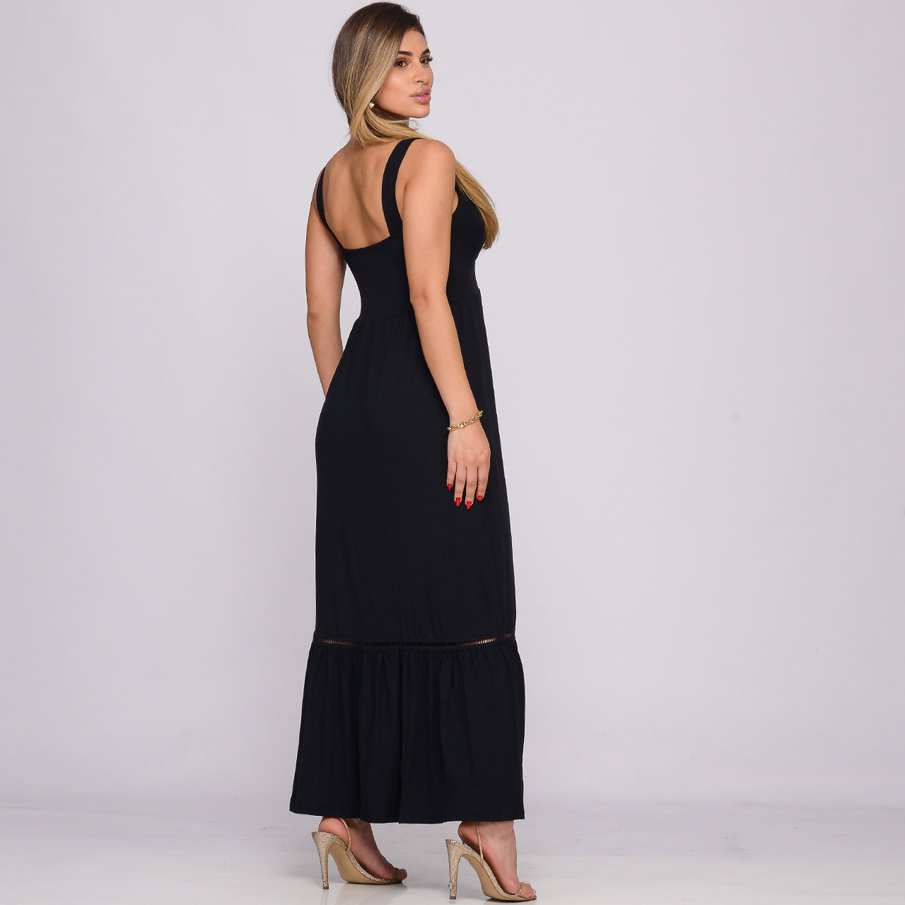 Vestido Longo Alça Barra Guipir com Bojo  BBonnie Sarah Preto