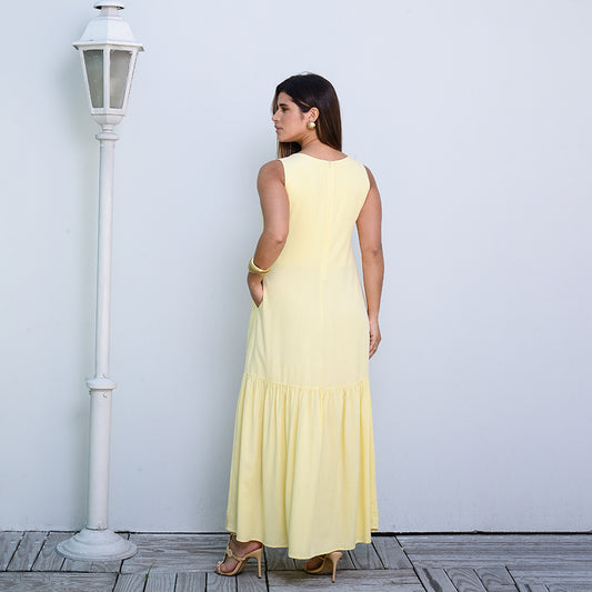 Vestido Longo com Barra Franzida BBonnie Isabelly Amarelo