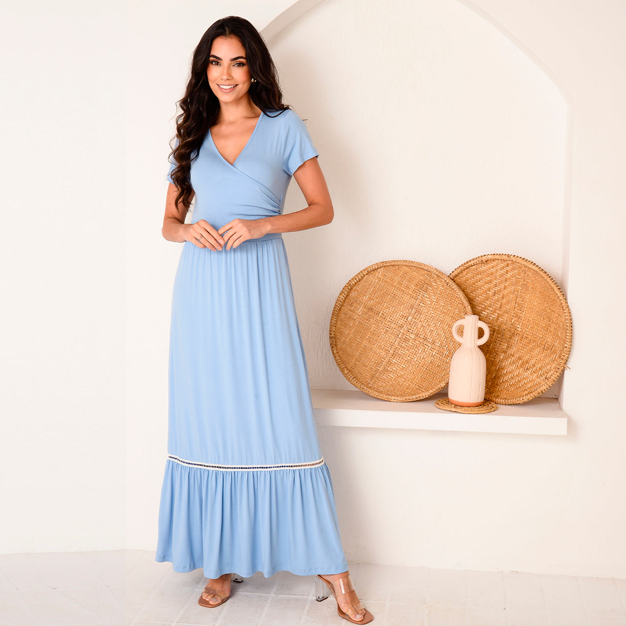 Vestido Longo M/C Barra Guipir  BBonnie Adriana Azul
