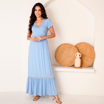 Vestido Longo M/C Barra Guipir  BBonnie Adriana Azul